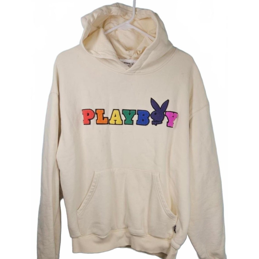 Playboy Culture Kids Collab Chenille‎ Wordmark Hoodie Size Medium Unisex Rainbow
